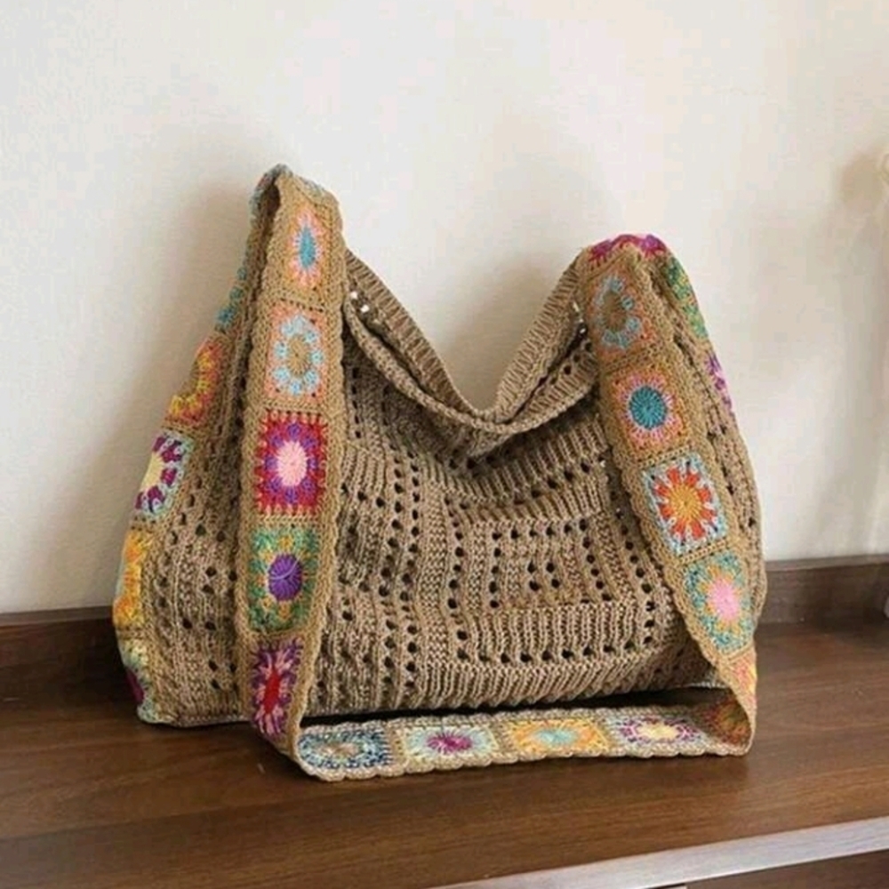 🌻Host Pick🌻Vintage Boho Crochet Shoulder Bag Brown Multicolor Floral Accents - Picture 3 of 10